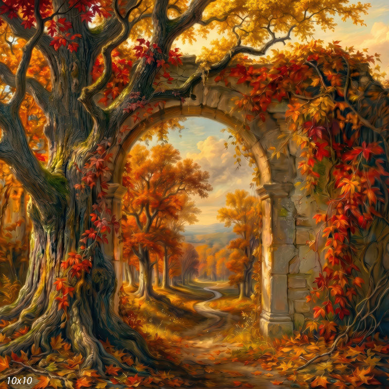 Amber Archway autumn forest path through stone archway wide scene backdrop CP-8955