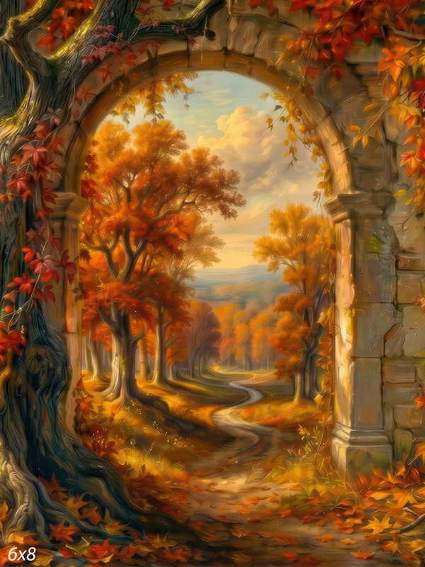 Amber Archway stone arch over autumn forest path photography backdrop CP-8955