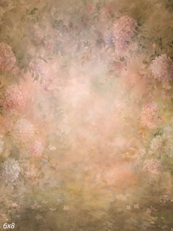 Warm, moody old-master-appearance floral with pink and lavender hydrangeas glowing from a deep amber ground, a fine-art photography backdrop.