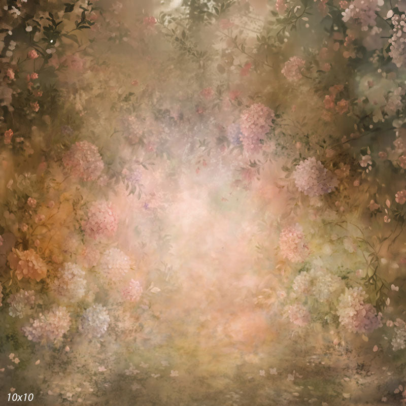 Wider view of the warm hydrangea backdrop showing more blooms and the glowing amber center, a fine-art photography backdrop.