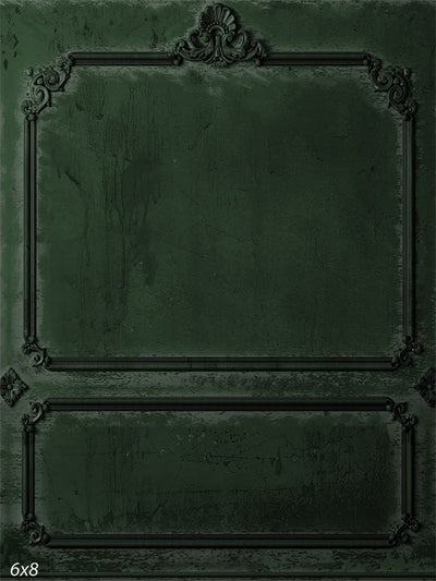 Antique Dark Green Panel Photography Backdrop - An elegant photography backdrop featuring distressed dark green panels with intricate black moldings, creating a vintage, sophisticated atmosphere.