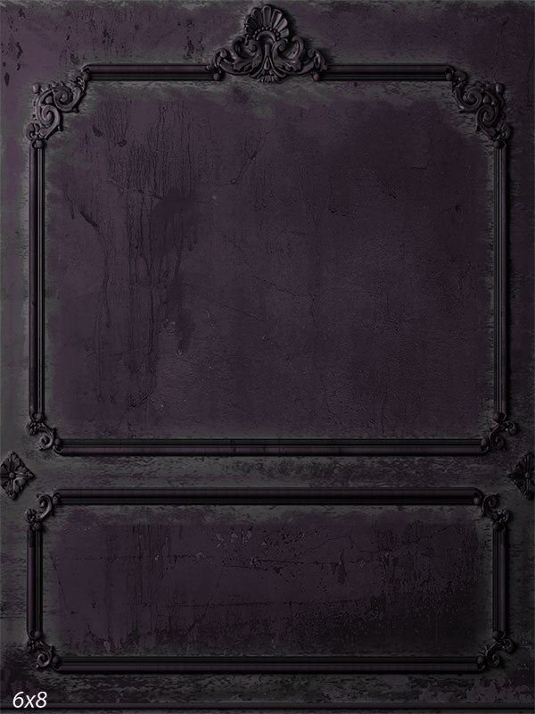 Antique Dark Purple Panel Photography Backdrop - An elegant photography backdrop featuring distressed dark purple panels with intricate black moldings, creating a vintage, sophisticated atmosphere.