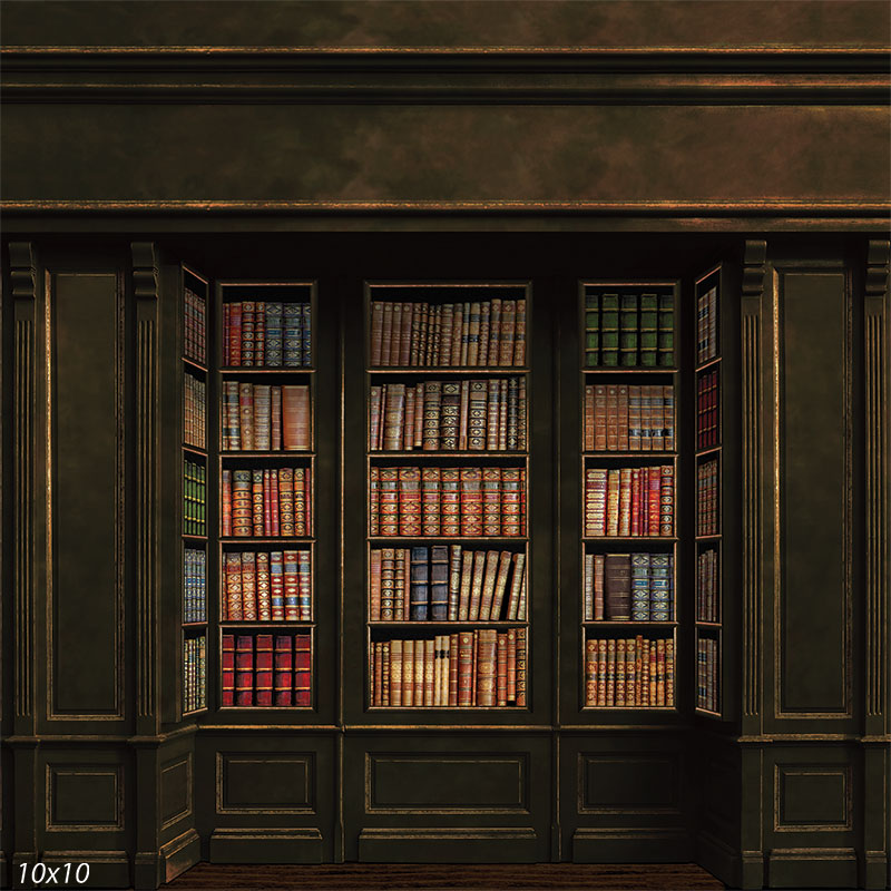 An elegant photography backdrop featuring dark wood-paneled bookshelves filled with antique, leather-bound books, creating a refined, vintage library setting.