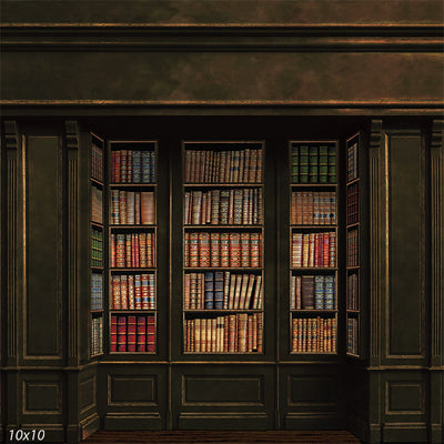 An elegant photography backdrop featuring dark wood-paneled bookshelves filled with antique, leather-bound books, creating a refined, vintage library setting.