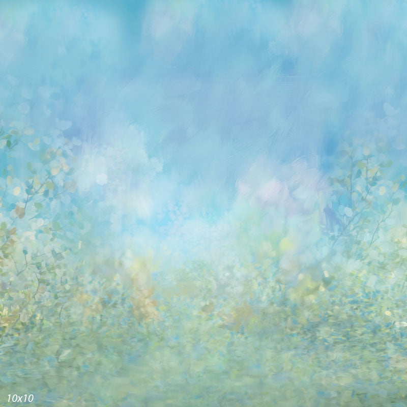 Wider view of the watercolor wash backdrop showing more of the blue sky, impressionist foliage, and pale green base, a fine-art photography backdrop.