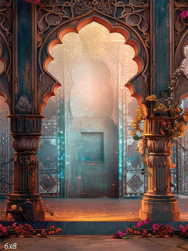 Golden archway-inspired backdrop with intricate Arabian Night motifs, ideal for prom and elegant event photography.