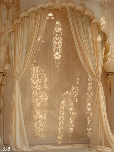 Delicate ivory drapes with intricate golden lace patterns and soft ambient light, ideal for prom and elegant event photography.