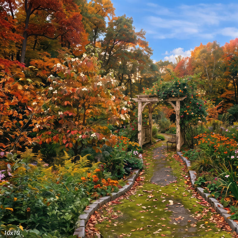 Autumn garden photography backdrop shown wider, with the arbor path, layered flower beds, and a patch of blue sky above the canopy.