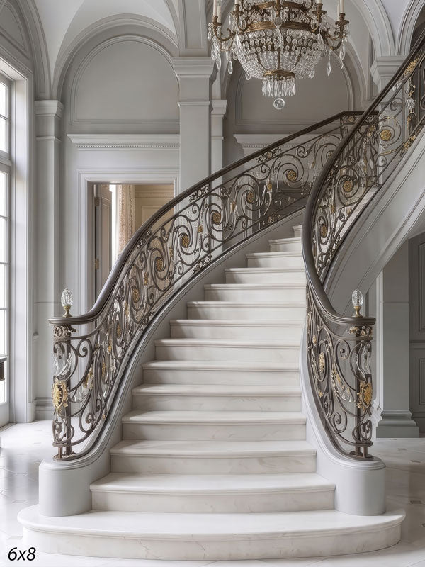 Grand curved gray marble staircase with dark bronze-and-gold iron railings and a crystal chandelier, a grand interior photography backdrop.