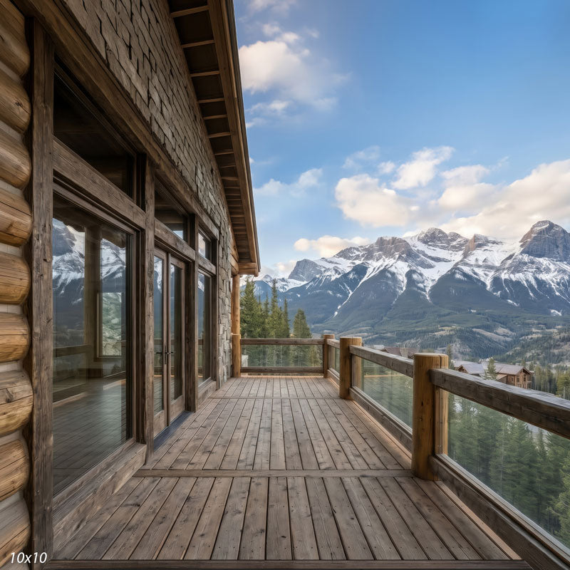 Wider view from the cabin deck showing a broader range of snowy peaks, more sky and valley rooftops below, a scenic photography backdrop.