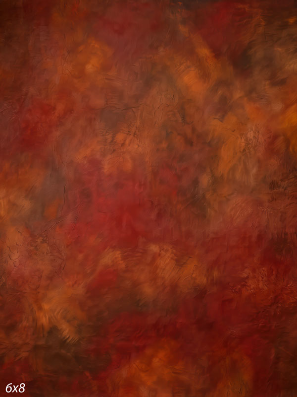 Printed photography backdrop showing fiery rust red with orange and olive, a soft mottled painterly texture with gentle tonal movement.