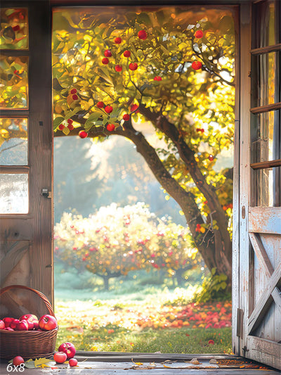 Autumn Orchard Apple Harvest Photography Backdrop - Photography backdrop featuring a rustic doorway opening into a sunlit autumn orchard filled with apple trees.