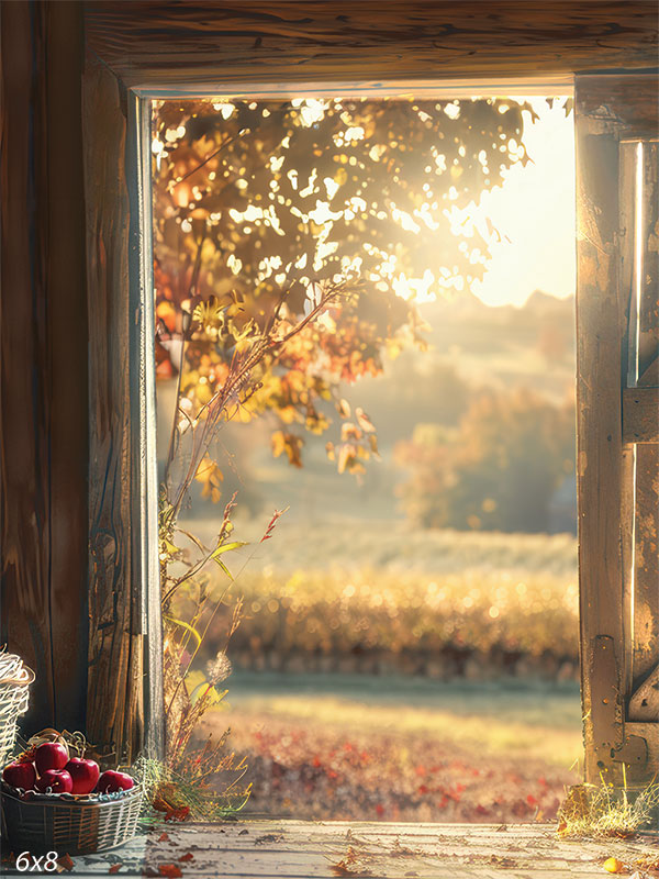 Autumn Sunrise through a Rustic Doorway - Photography backdrop featuring a sunlit autumn countryside view through a rustic doorway, ideal for child and family photoshoots.