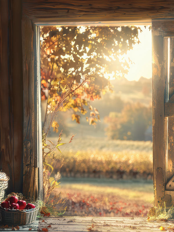 Autumn Sunrise through a Rustic Doorway - Photography backdrop featuring a sunlit autumn countryside view through a rustic doorway, ideal for child and family photoshoots.