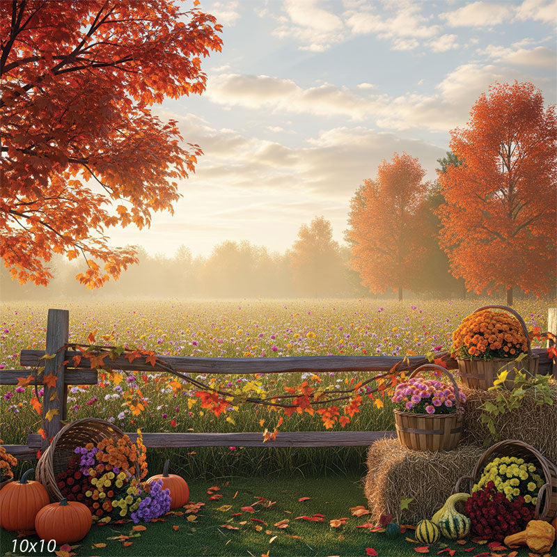 A realistic backdrop showing a golden meadow with wildflowers, hay bales, and colorful fall leaves under a glowing autumn sky.