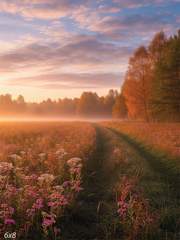A scenic autumn meadow backdrop featuring a grassy path, golden morning light, and colorful wildflowers, perfect for fall portrait sessions.