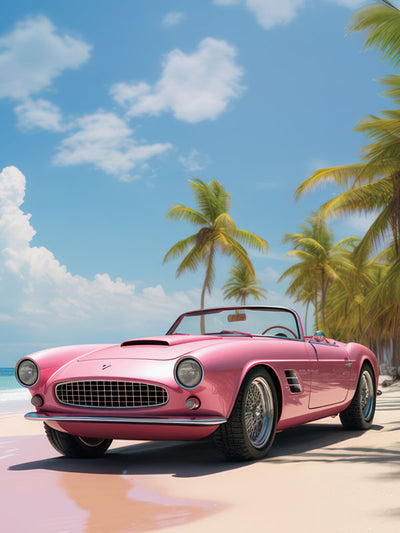 Barbie Dream Car Beach Photography Backdrop - Photography backdrop featuring a pink convertible on a sunny beach with palm trees, inspired by Barbie's stylish adventures.