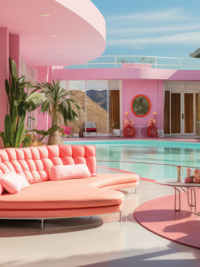 Barbie Retro Poolside Scene Backdrop - Photography backdrop featuring a retro poolside scene with pink and coral tones, plush seating, and lush greenery, reminiscent of a Barbie dreamhouse.