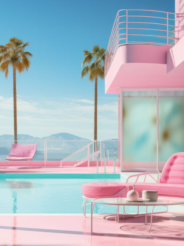 Barbie's Chic Pink Poolside Photography Backdrop - Pink poolside photography backdrop ideal for Barbie-themed photoshoots and children's sessions.