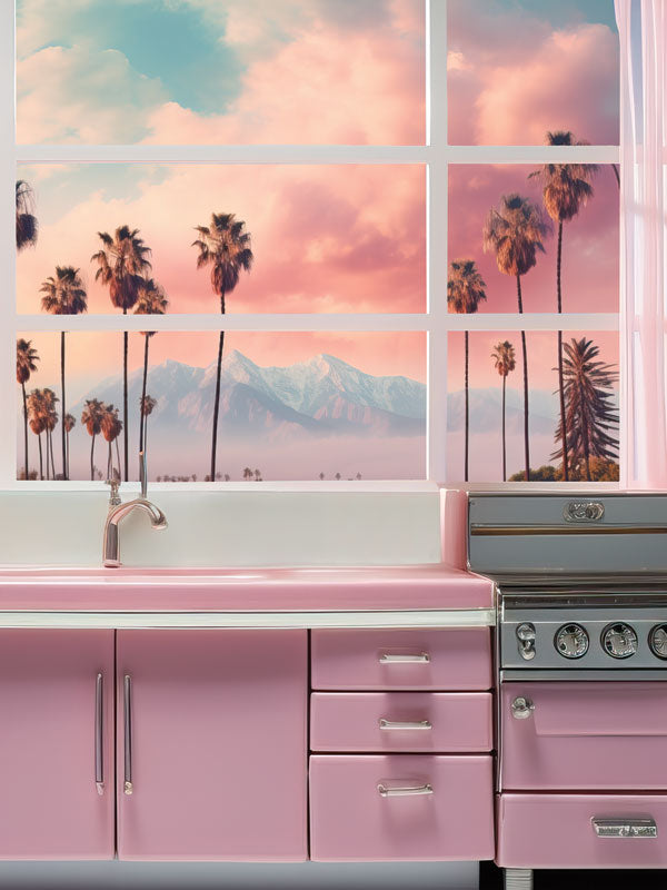 Barbie's Dream Kitchen Photography Backdrop - Retro pink kitchen photography backdrop with a view of palm trees and mountains, ideal for Barbie-themed photoshoots.