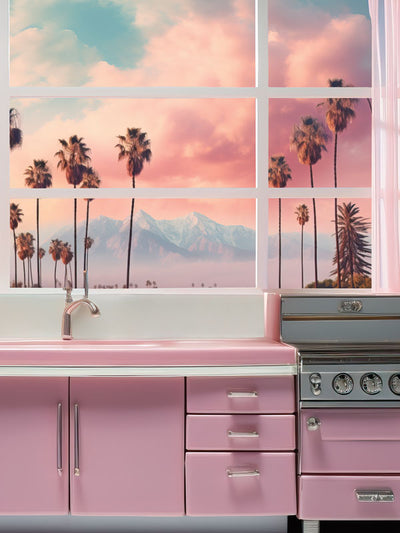 Barbie's Dream Kitchen Photography Backdrop - Retro pink kitchen photography backdrop with a view of palm trees and mountains, ideal for Barbie-themed photoshoots.