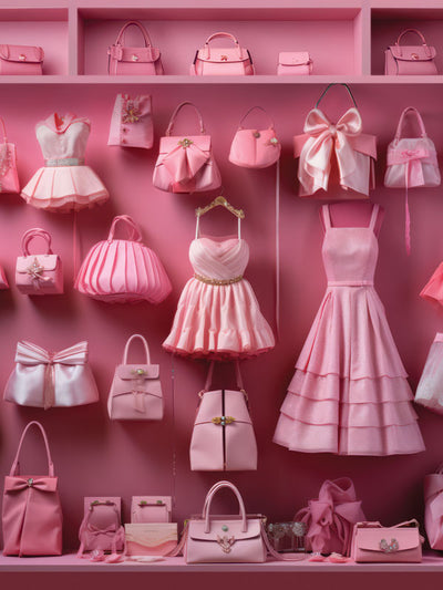 Barbie's Fashion Closet Photography Backdrop - Photography backdrop featuring an array of pink dresses, handbags, and accessories, inspired by Barbie's fashion closet.