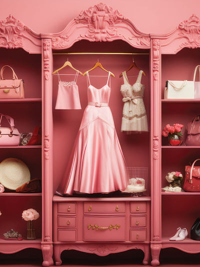 Barbie's Fashion Wardrobe Photography Backdrop - Pink wardrobe filled with fashionable outfits and accessories, perfect for Barbie-themed photoshoots.