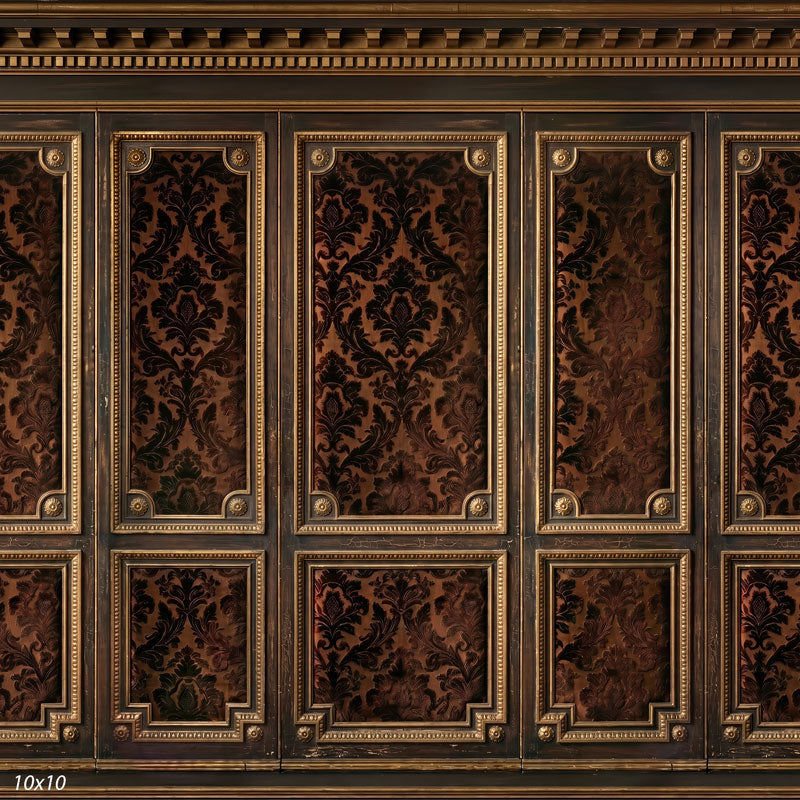 Wider view of the walnut and brown damask wall paneling, showing more panels and gold beading, an old-world formal photography backdrop.