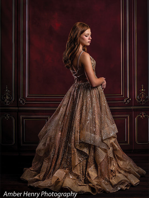 Baroque-inspired red photography backdrop with intricate gold flourishes, ideal for fine art and editorial photography.