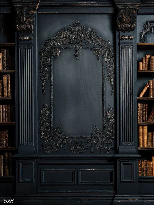 Baroque Study Photography Backdrop - A Baroque-style wall with ornate moldings and dark wood paneling, used as a photography backdrop for elegant and historical-themed photoshoots.