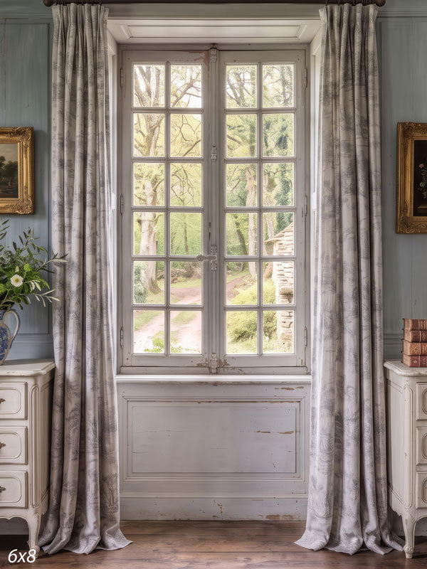 Pale blue-gray French country room with antique chests beside a tall window opening onto a wooded garden, a country interior photography backdrop.