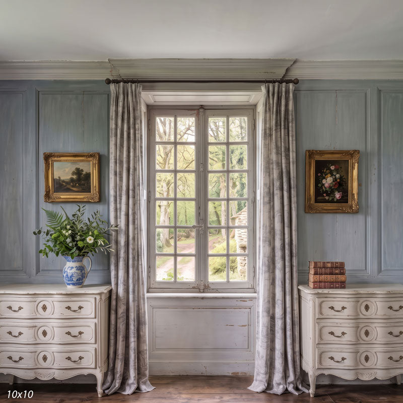 Wider view of the French country room showing both cream chests, gilt-framed paintings, and more of the garden and stone cottage through the window, a country interior photography backdrop.