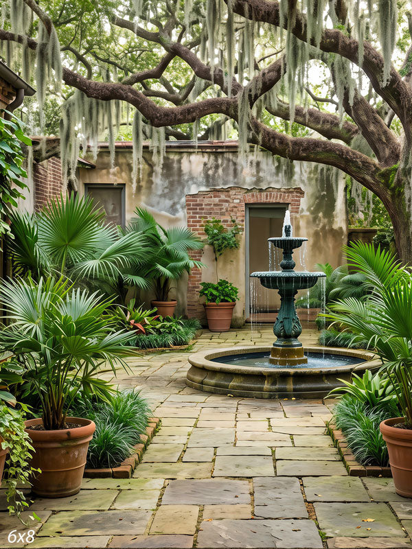Enclosed old-world courtyard with a tiered cast-iron fountain, potted palms and aged stucco walls under a moss-draped oak, a scenic photography backdrop.