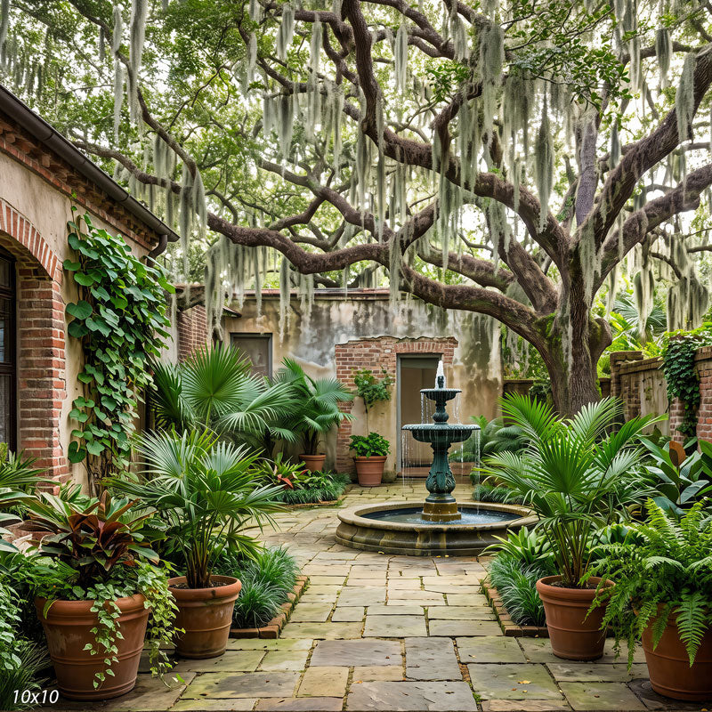 Wider view of the courtyard showing a brick archway with a climbing vine and more potted plants and oak canopy, a scenic photography backdrop.