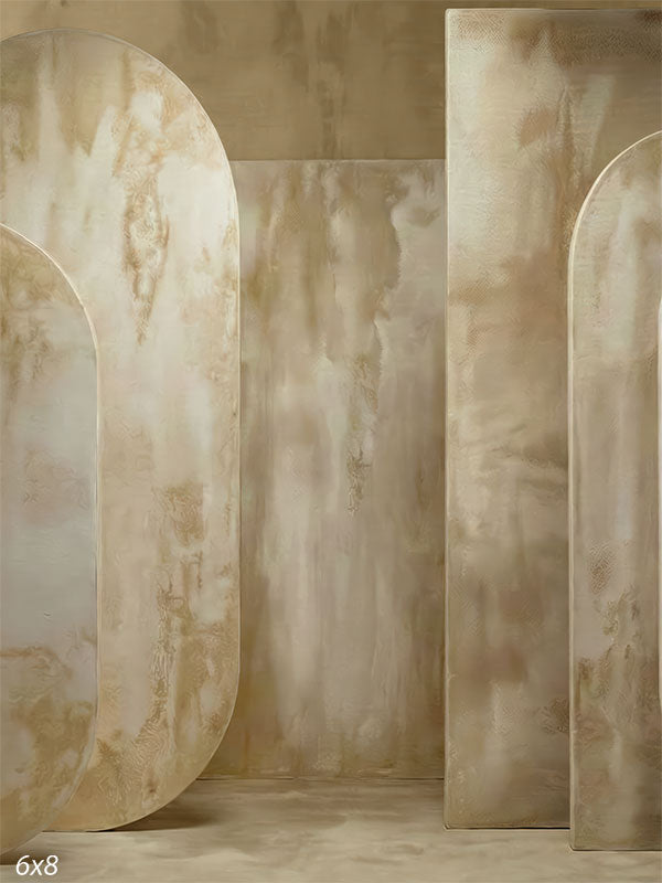 Architectural photography backdrop featuring beige plaster-textured oval panels and soft neutral tones arranged in a layered studio setting.