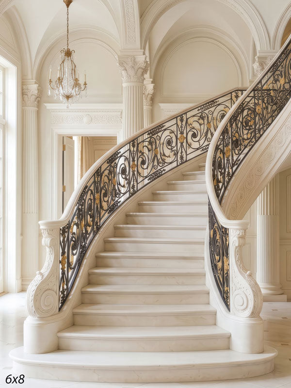 Palatial ivory marble curved staircase with ornate black-and-gold iron railings under a vaulted neoclassical hall, a grand interior photography backdrop.