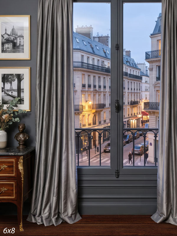 Charcoal Parisian room with silver-gray drapes beside a tall French window and iron balcony over a dusk street, a European city view photography backdrop.