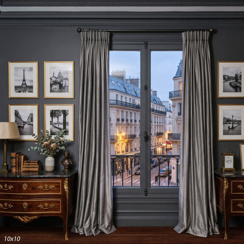 Wider view of the Parisian room showing framed black-and-white photographs on both sides of the window and more of the Haussmann street at dusk, a European city view photography backdrop.