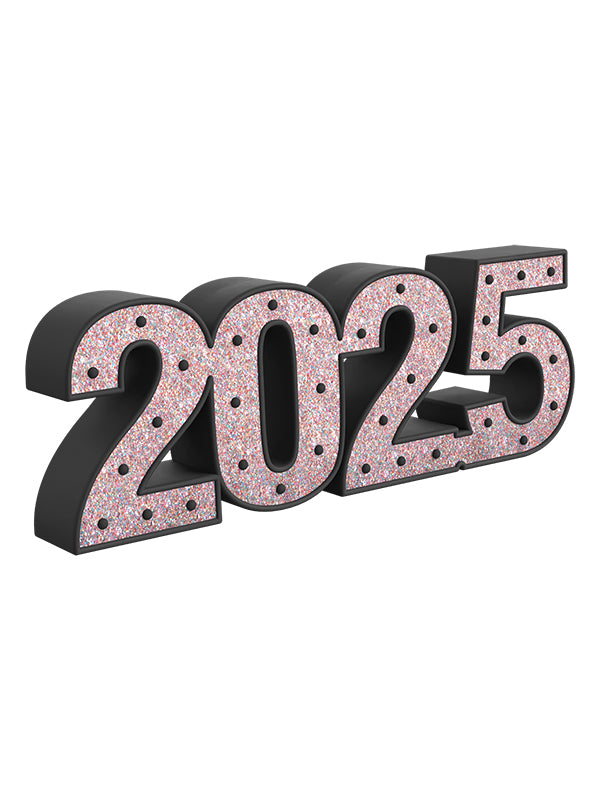 Angled view of a bold 2025 photography prop featuring black sides and glittery multicolor front—perfect for New Year photo shoots and graduation sessions.
