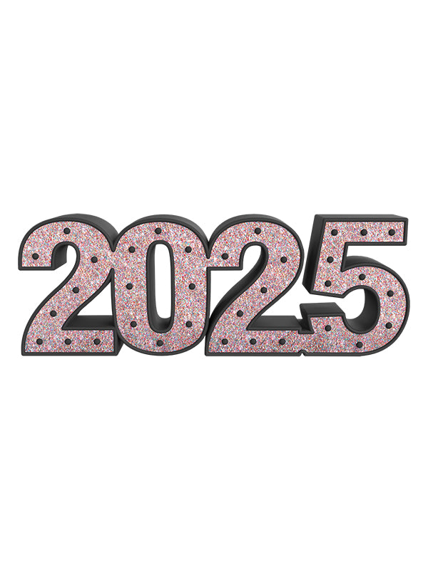 Straight-on view of a multicolor glitter 2025 prop with black edging, ideal for celebratory studio photography like senior portraits or milestone minis.