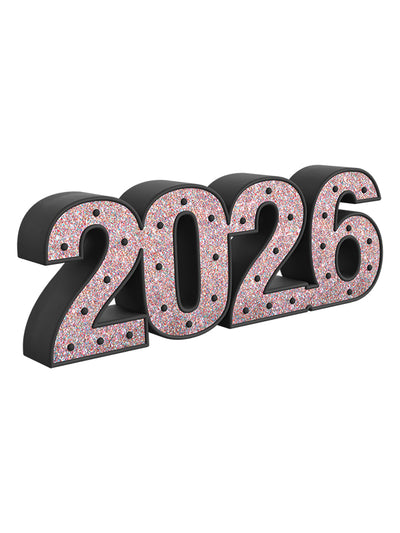 Angled view of a glittery black 2026 year prop with multicolor sparkle, ideal for festive studio portraits, graduation sessions, or countdown celebrations.