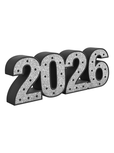 Angled view of the 2026 photo prop with shimmering silver glitter face and bold black edges—great for polished senior portraits or modern countdown sessions.