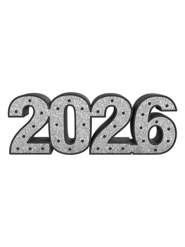 Straight-on view of a glittery silver 2026 number prop outlined in black—ideal for sleek graduation setups, studio countdown themes, or year-focused mini shoots.