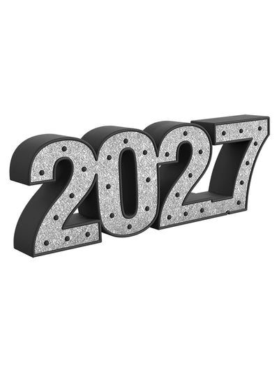 Angled view of the 2027 glitter prop with sparkling silver texture and bold black edging—ideal for studio setups celebrating class of 2027 or New Year shoots.