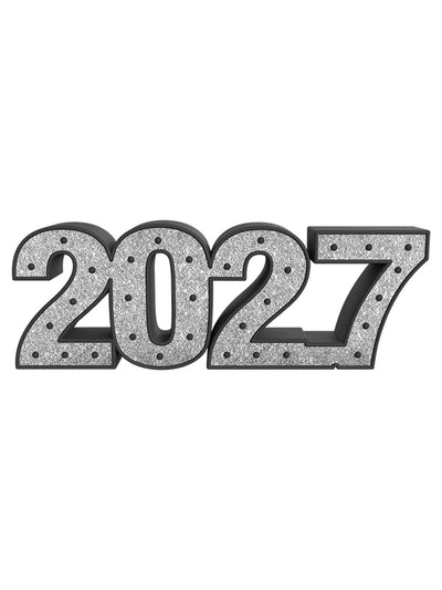 Front-facing image of a 2027 silver glitter prop outlined in black—perfect for senior year portraits, countdown minis, or elegant milestone studio sessions.