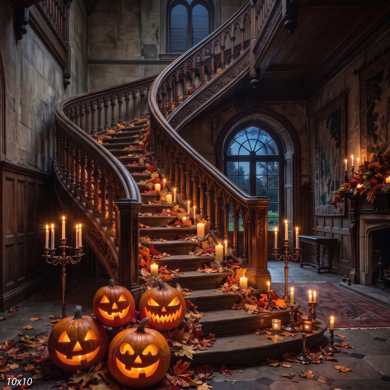 Wider view of the haunted manor staircase, showing more of the steps, candelabra, and arched window, a Halloween photography backdrop.