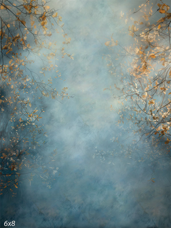 Soft blue and gray photography backdrop featuring delicate spring branches for professional use.