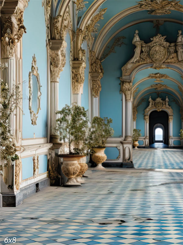 Blue Palace Photography Backdrop - "Blue Palace" photography backdrop featuring a Baroque-inspired corridor with light blue and gold architectural details.