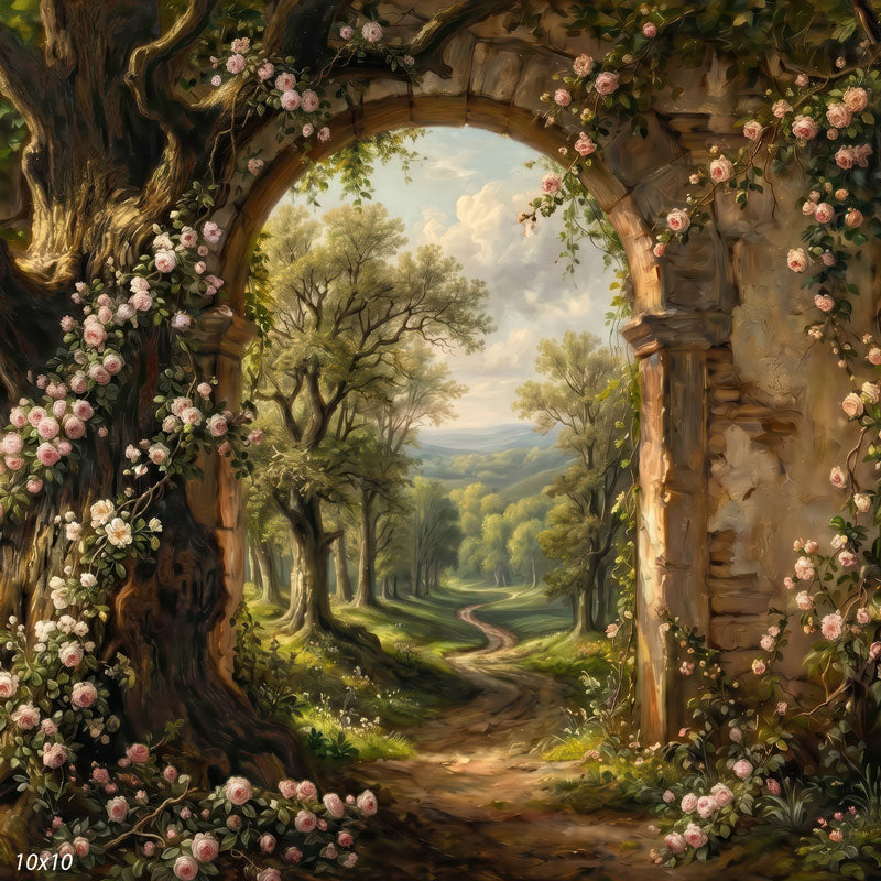 Blushing Gate rose-covered stone arch and woodland path wide scene backdrop CP-8962