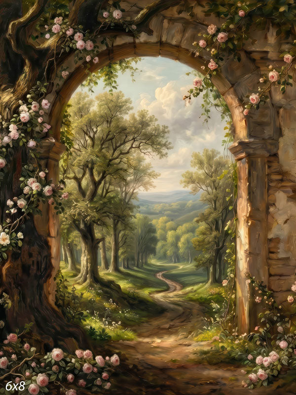 Blushing Gate stone arch with climbing roses over summer woods photography backdrop CP-8962
